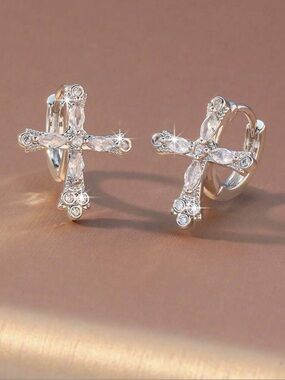 Silver Cross Crystal Hoop Earrings - Women Jewelry